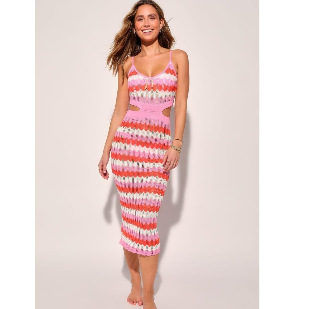 Lulus Tropical Theme Pink and Orange Striped Crochet Swim Cover-Up | Large